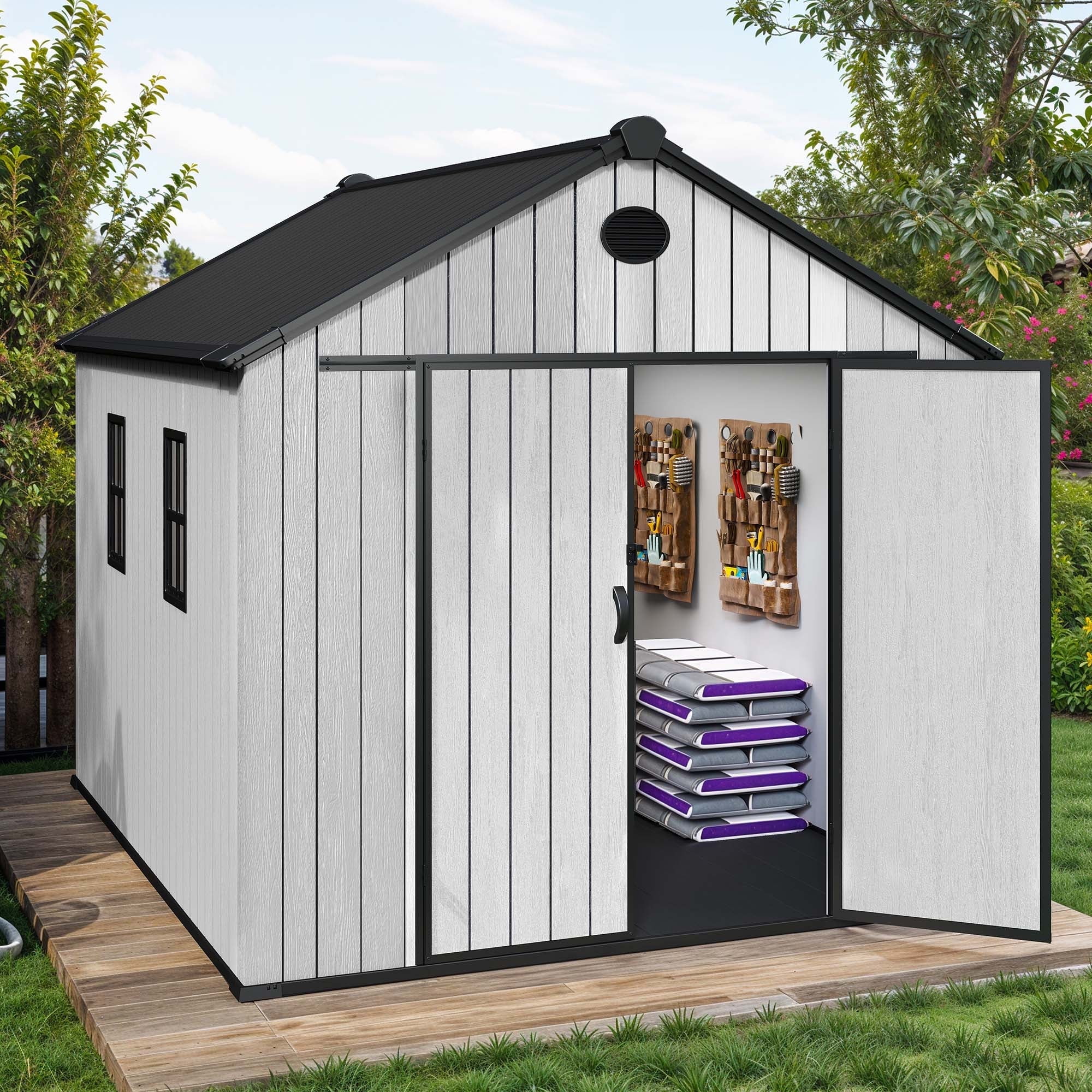 Uforic 8x10 FT Resin Storage Shed with Floor, Lockable Doors, 2 Vents & 2 Windows for Outdoors, Gray
