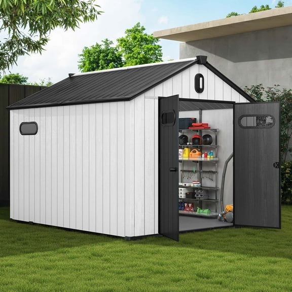 Uforic 8x10ft Outdoor Resin Storage Shed with Floor, 544 cuft Garden Shed with Lockable Door, Windows & Vents, Plastic Tool Storage, Waterproof