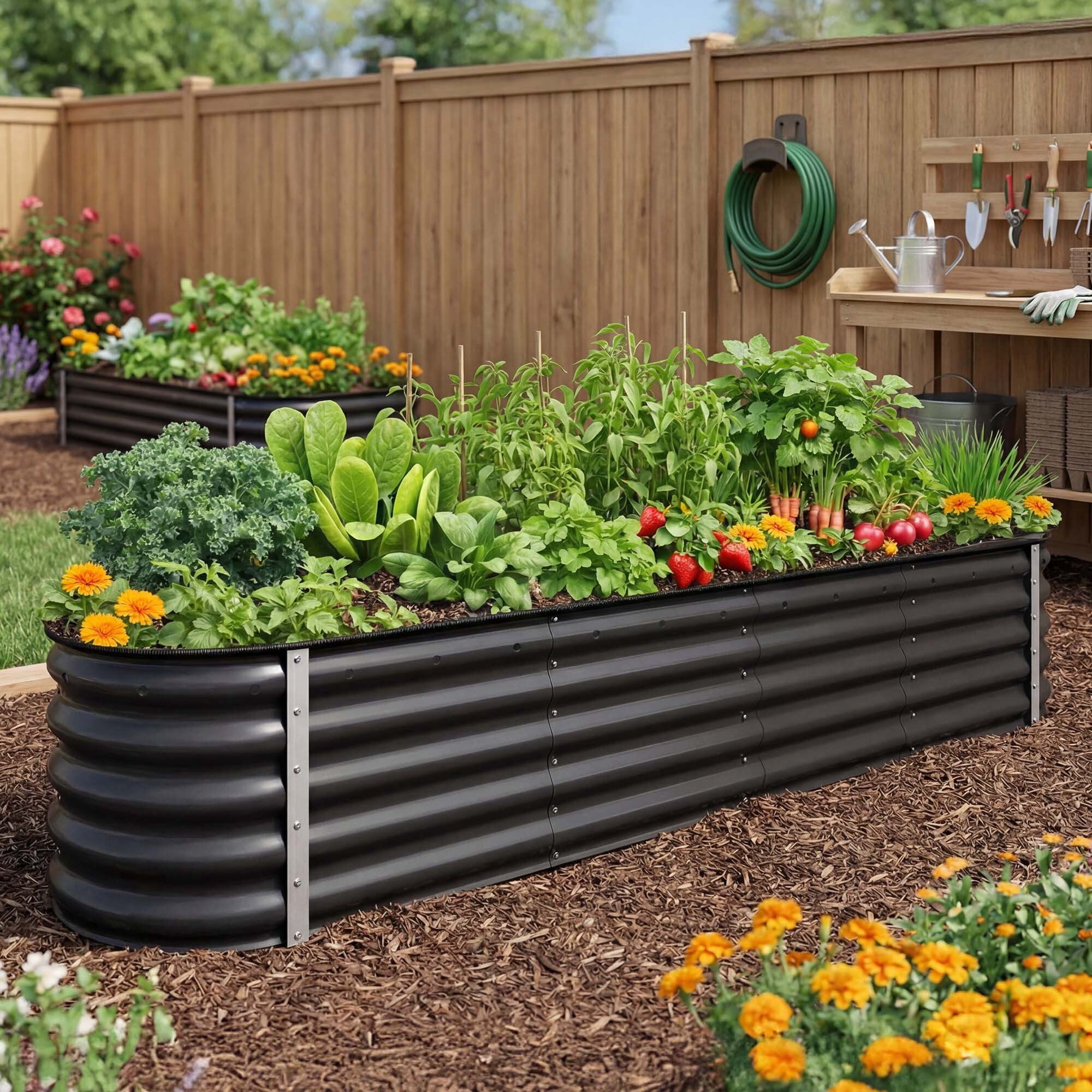 Uforic 8x2x1.5ft 17" Tall 9 in 1 Large Galvanized Metal Raised Garden Bed Kit, Black Outdoor Above Ground Planter Box with Gloves and Safety Accessories for Vegetables Flowers Plants