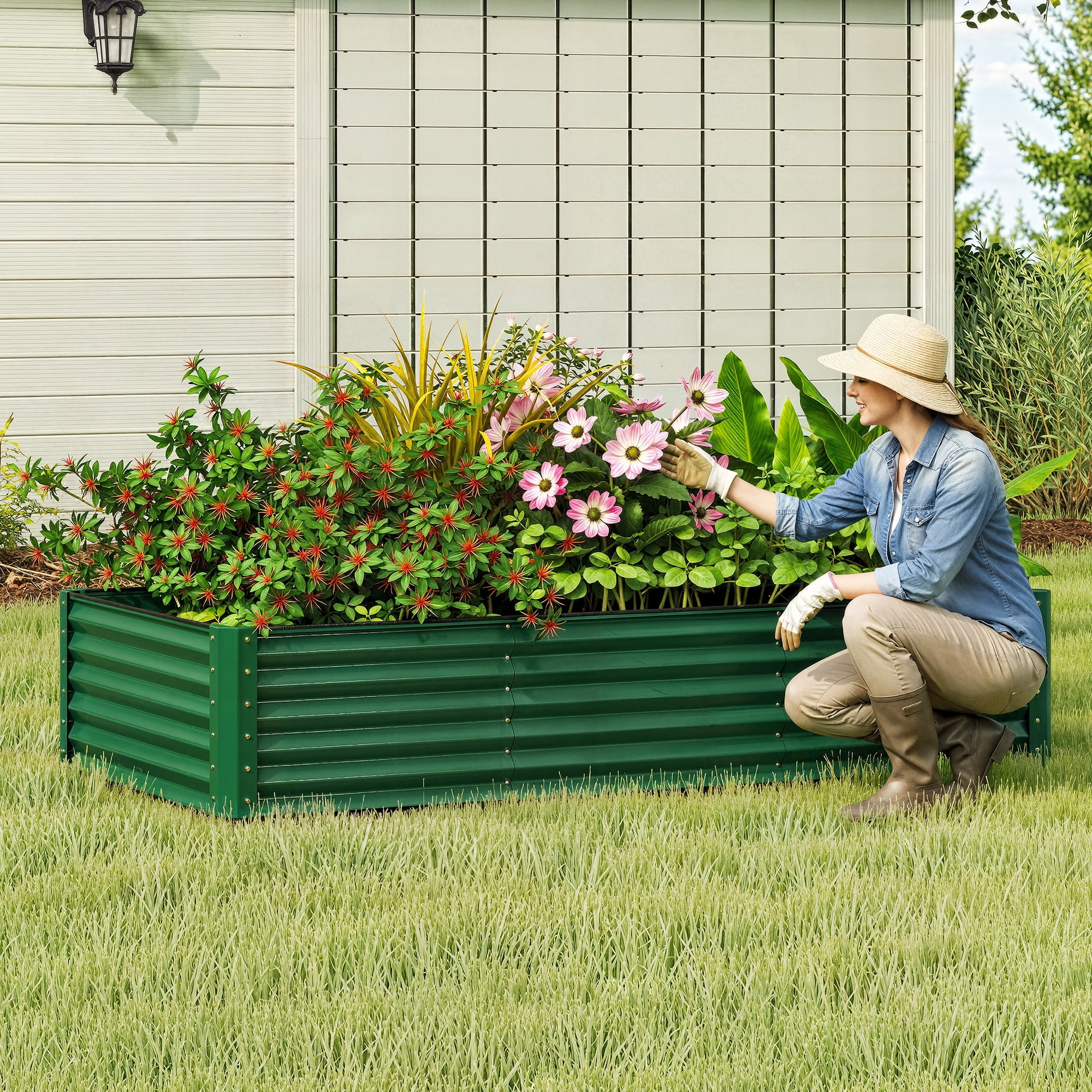 Uforic 8x4x1.5ft 1 Pack Galvanized Metal Raised Garden Bed Kit with Gloves, Safety Rubber and Support Rod, Green