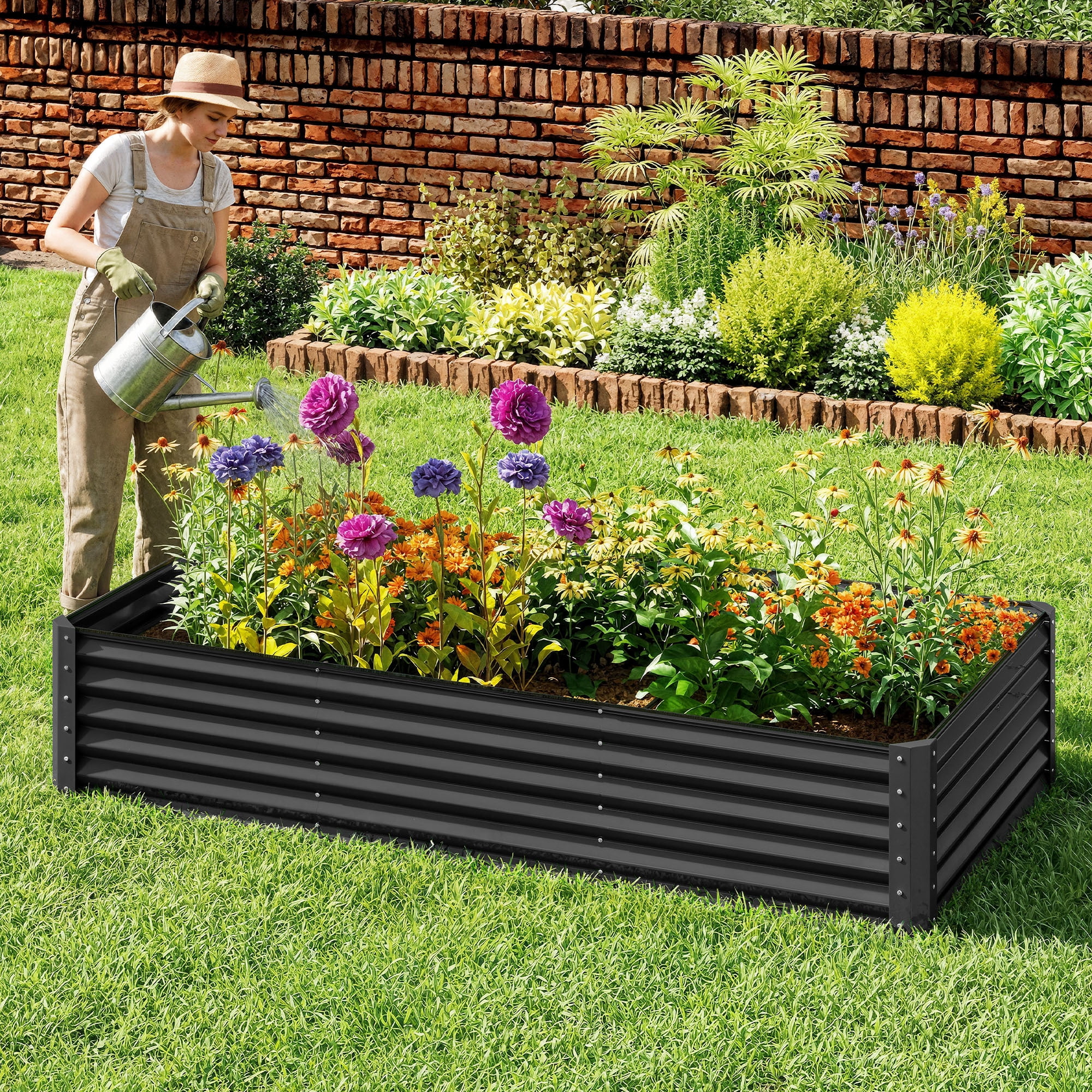 Uforic 8x4x1.5ft 1 Pack Galvanized Metal Raised Garden Bed Kit with Safety Rubber and Gloves, Black