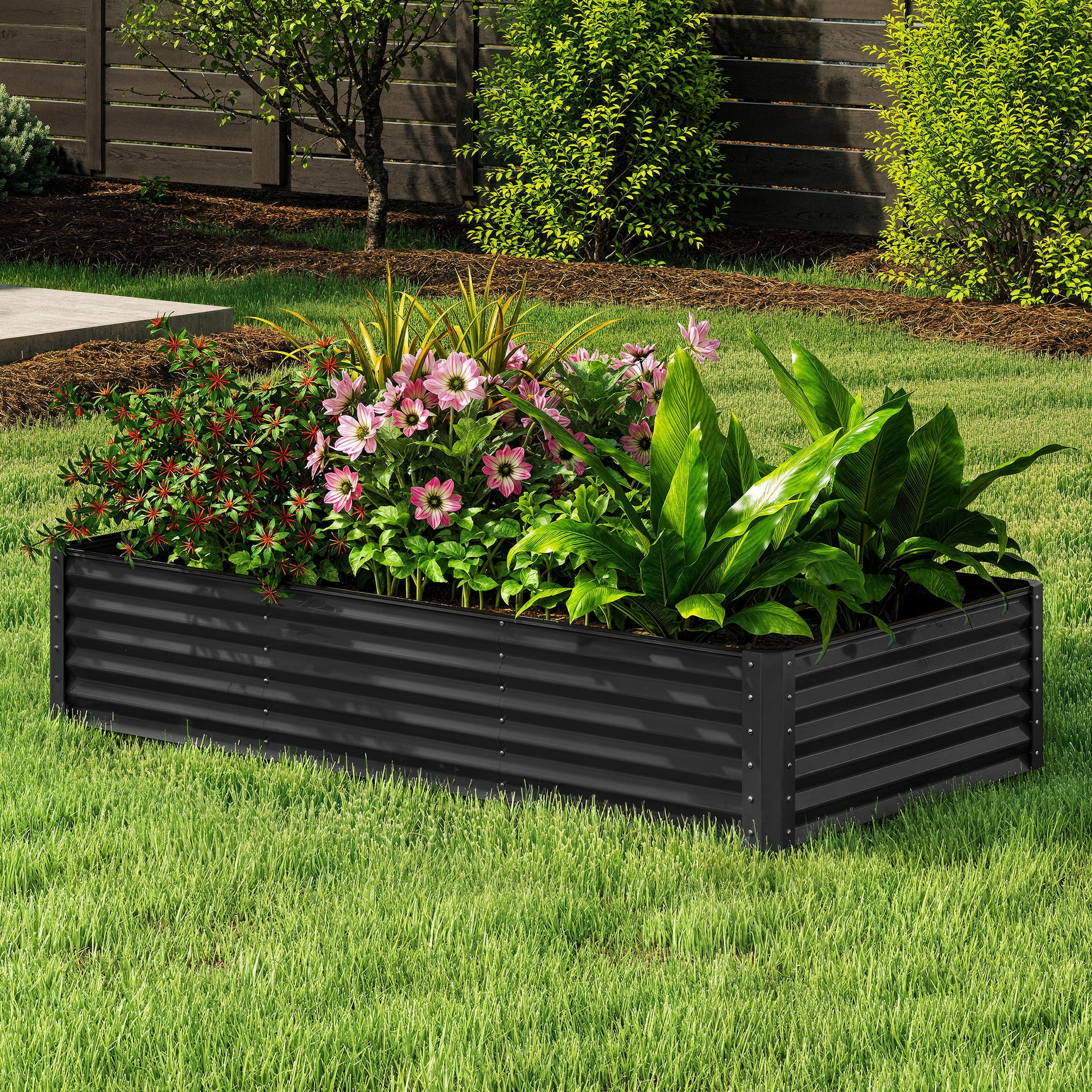 Uforic 8x4x1.5ft Galvanized Metal Raised Garden Bed, Outdoor Planter Box with Safety Rubber & Gloves for Vegetables Flowers, Black