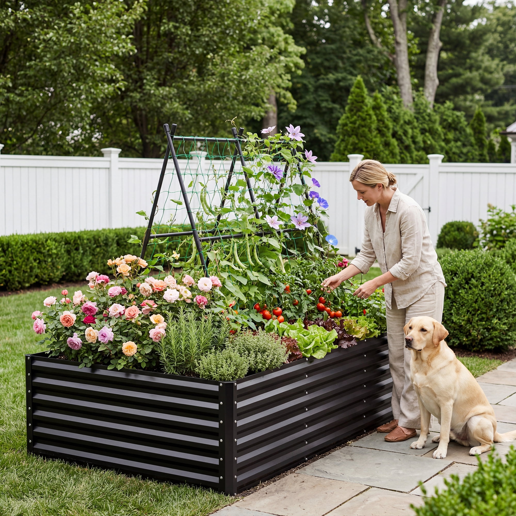 Uforic 8x4x2ft Galvanized Raised Garden Bed with Trellis, Metal Planter Box, Gloves, Black, Outdoor for Vegetables & Flowers
