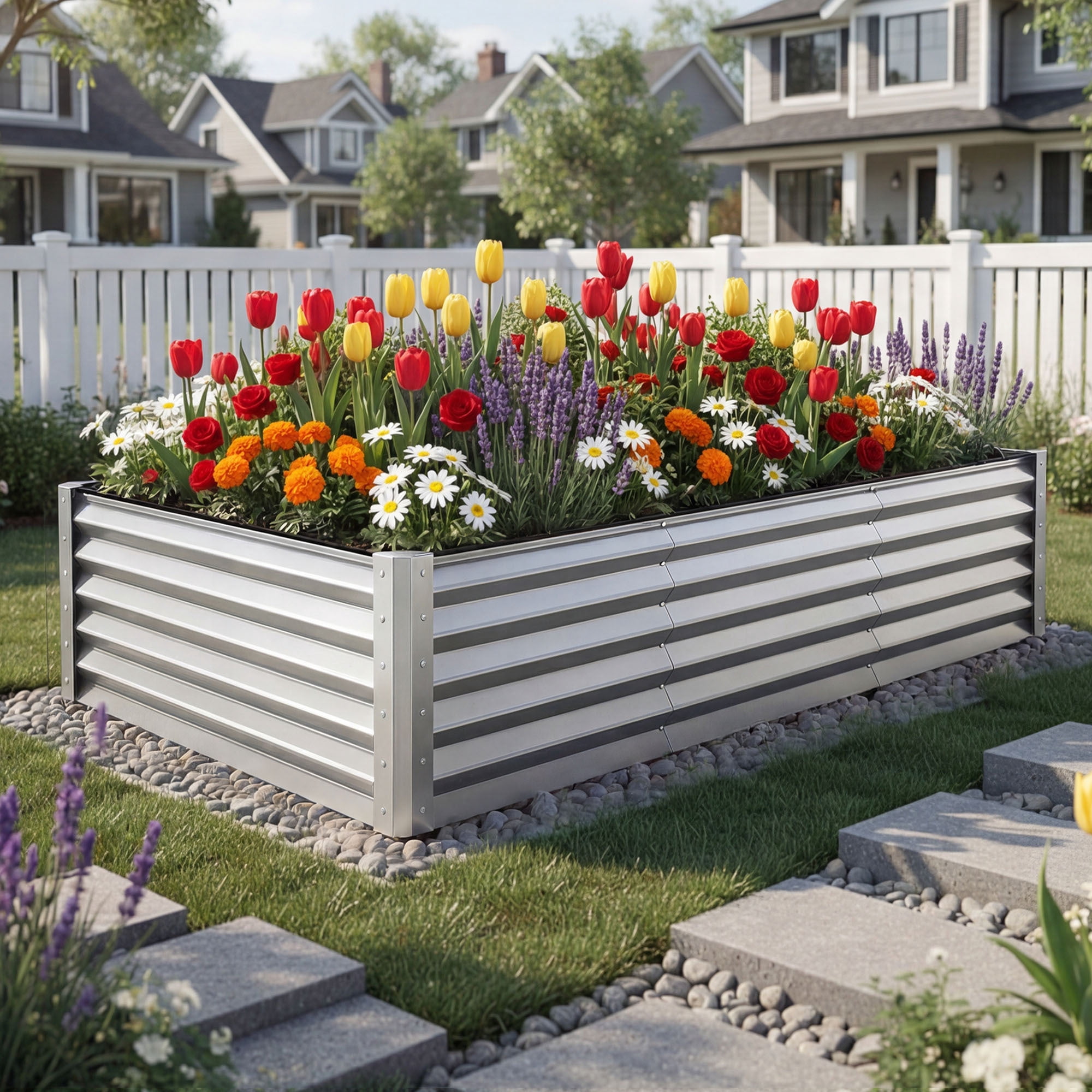 Uforic 8x4x3ft Large Galvanized Metal Raised Garden Bed Kit with Gloves, Support Rod & Safety Rubber, Outdoor Above Ground Planters for Plants Vegetables Flowers, Silver