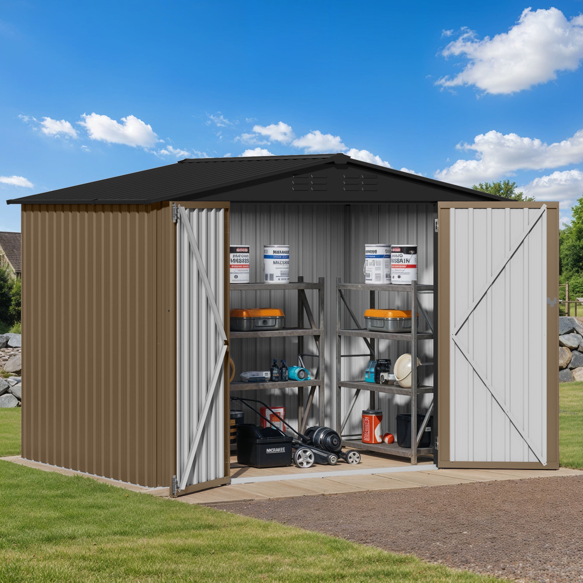 Uforic 8x6 FT Outdoor Storage Shed with Lockable Doors & Air Vent, Large Metal Tool Sheds House for Backyard Patio to Store Bikes, Tools,Brown