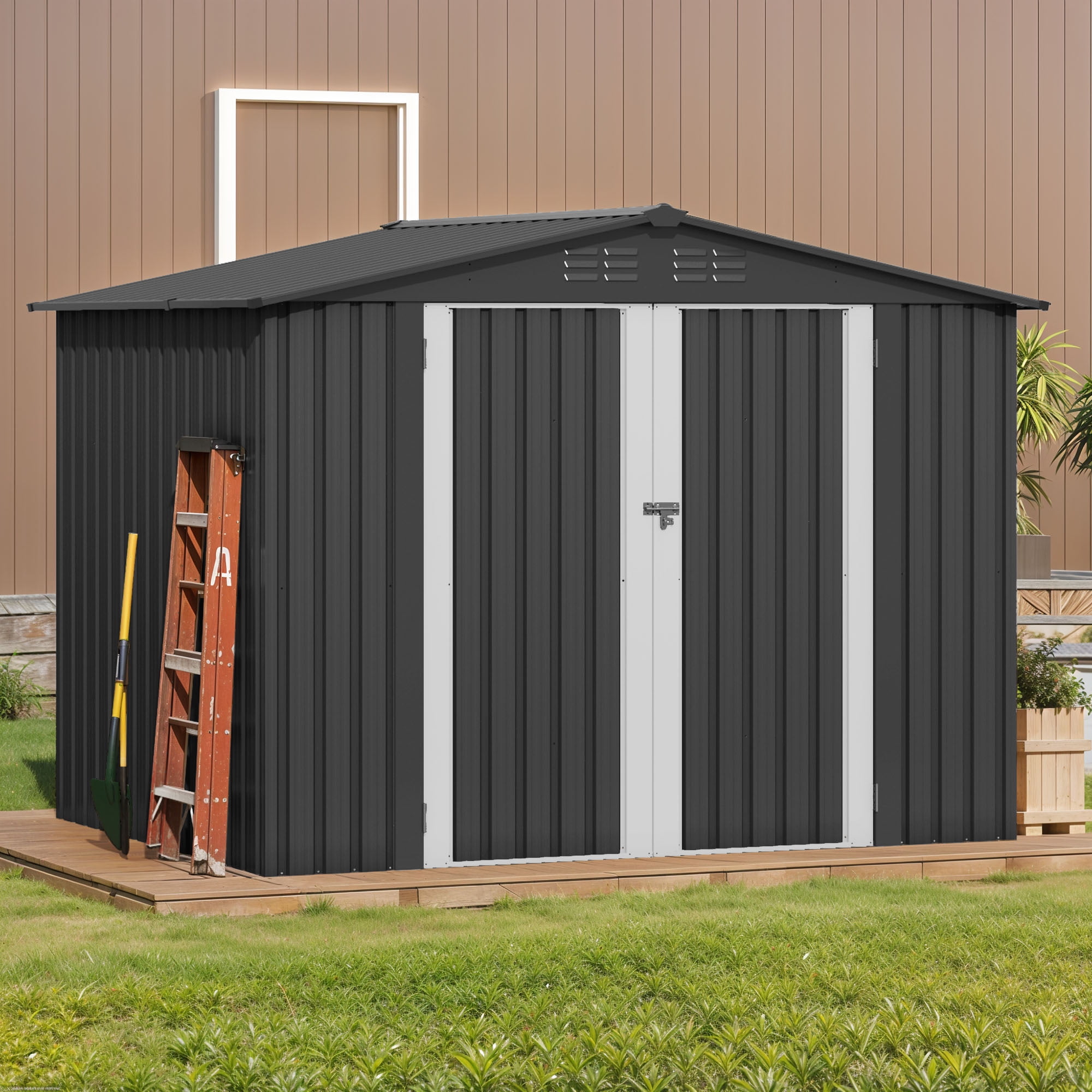 Uforic 8x6 FT Outdoor Storage Shed with Lockable Doors & Air Vent, Large Metal Tool Sheds House for Backyard Patio to Store Bikes, Tools,Dark Gray