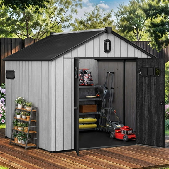 Uforic 8x8ft Outdoor Resin Storage Shed with Floor, 427cuft Garden Shed with Lockable Door, Windows & Vents, Plastic Tool Storage, Waterproof