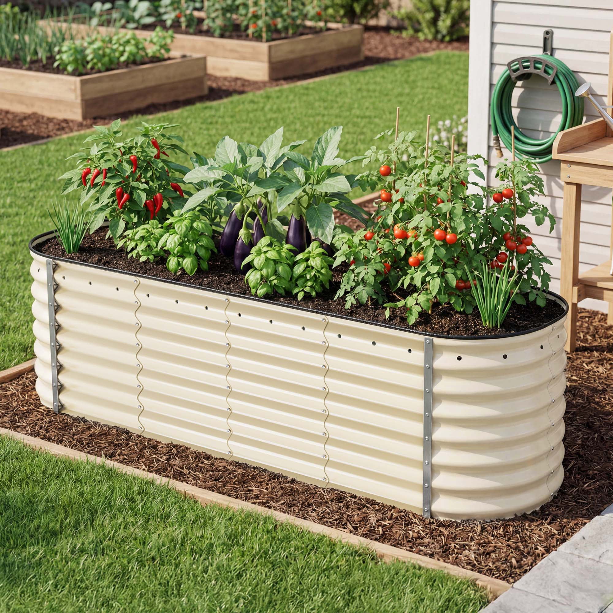 Uforic 9 in 1 Large Outdoor Raised Garden Bed Kit,8 ftx2ft Galvanized Metal Patio Planter Box with Safety Rubber & Gloves, for Vegetables Flowers,White