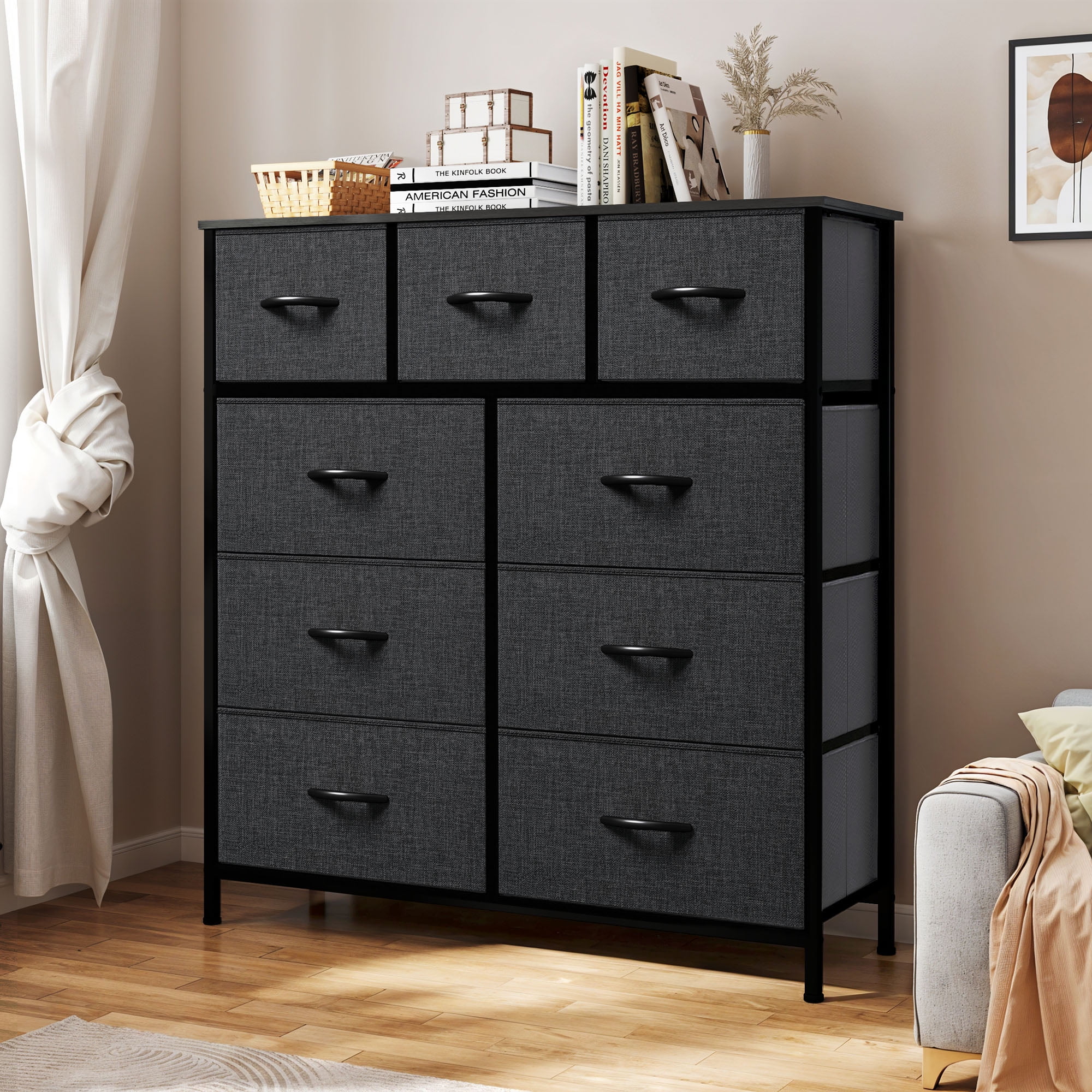 Uforic 9 Drawer Fabric Dresser, Sturdy Storage with Metal Frame for & Closet, Black Gray