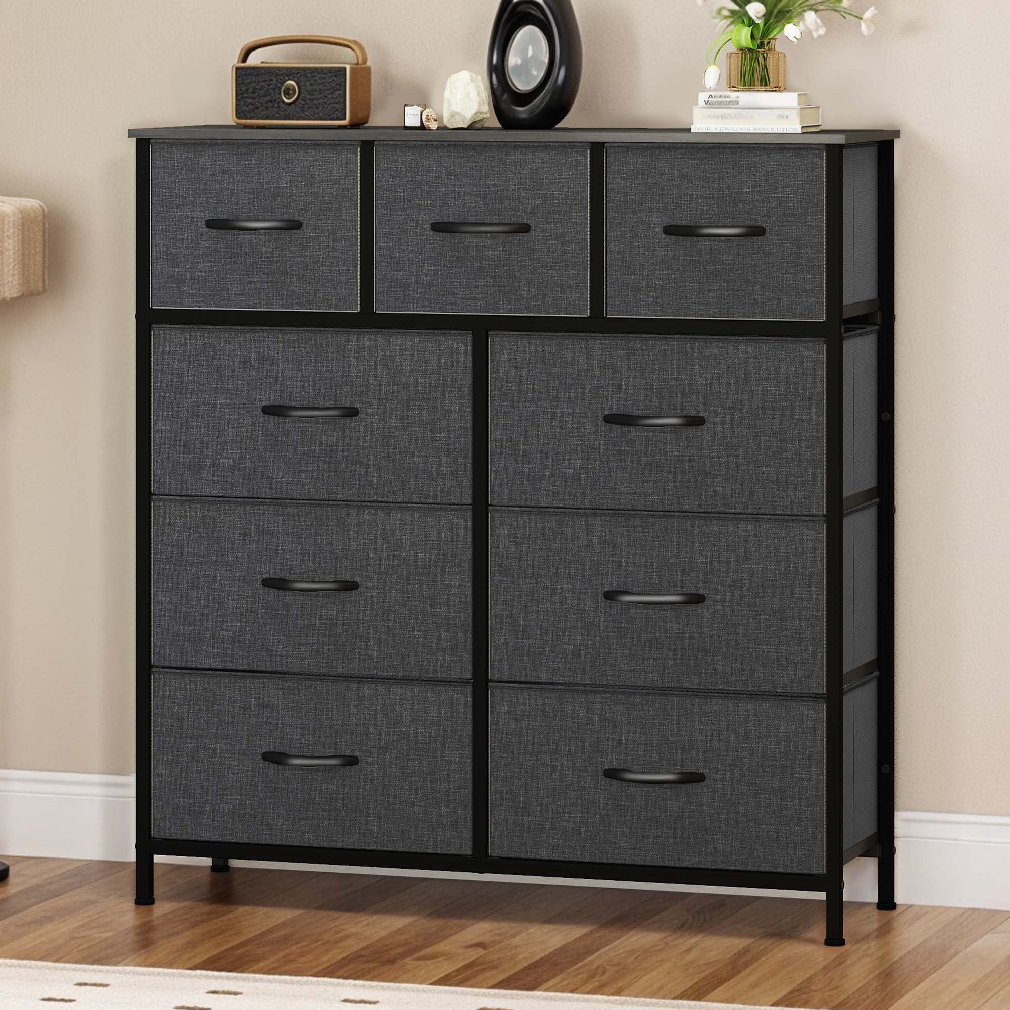 Uforic 9 Drawer Fabric Storage Dresser with Steel Frame for , Living Areas, Hallways, Closets, and Offices, Black Gray