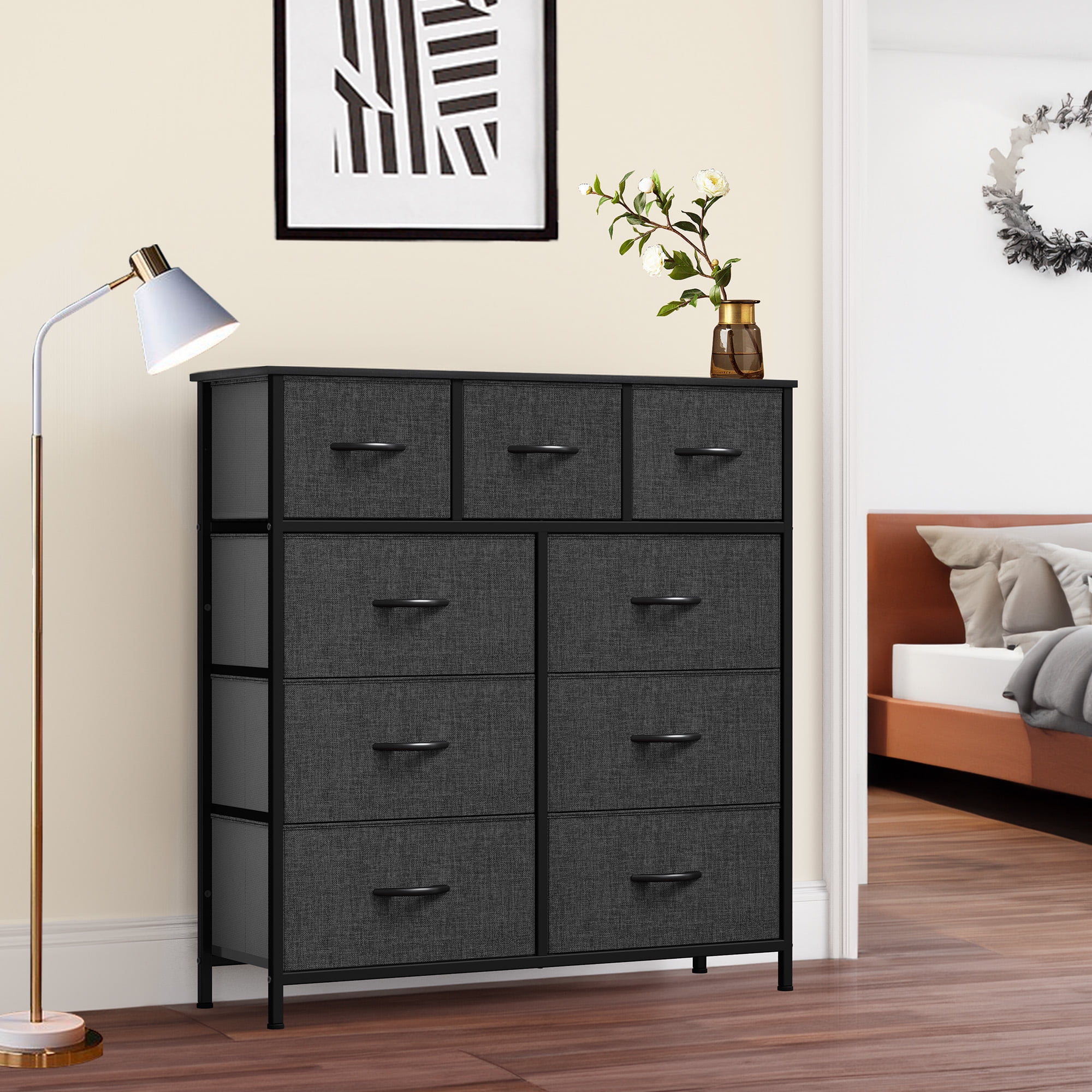Uforic 9 Drawer Fabric Storage Dresser with Steel Frame for , Living Areas, Hallways, Closets, and Offices, Black Gray