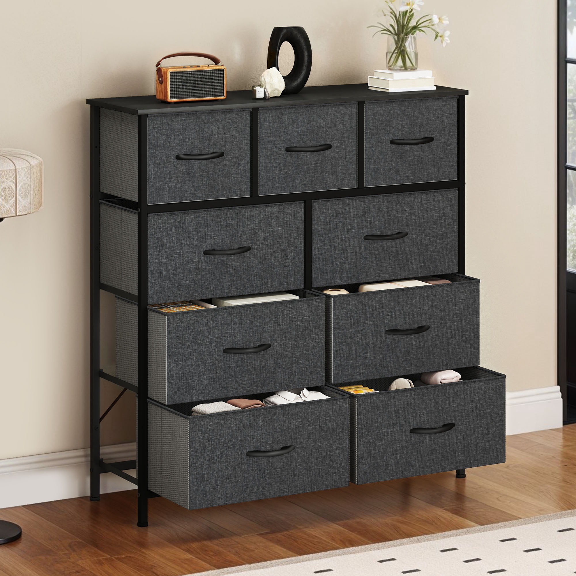 Uforic 9 Drawer Fabric Storage Dresser with Steel Frame for , Living Areas, Hallways, Closets, and Offices, Black Gray