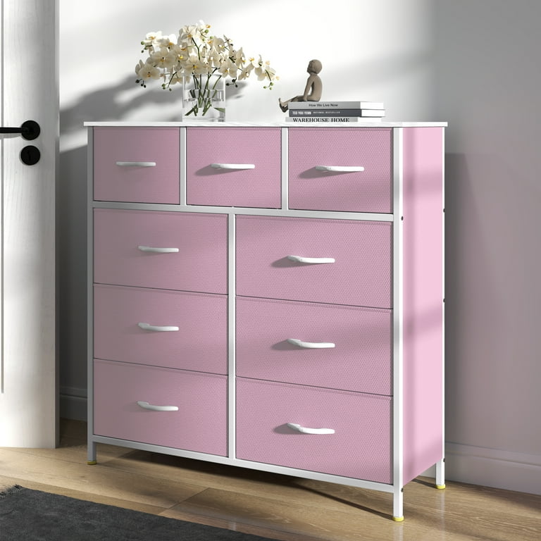 Uforic 9-Drawer Pink Fabric Dresser for Kids Adults, Metal Frame