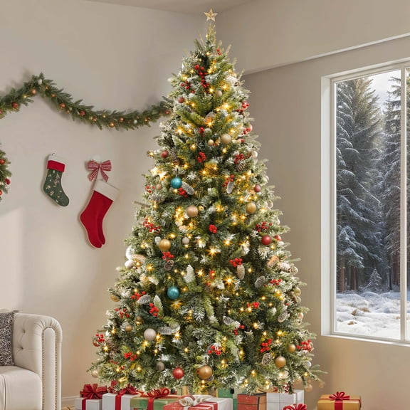Uforic 9 ft Prelit Flocked Pine Artificial Christmas Tree with 2058 Tips & 900 Lights, Remote Control, Green