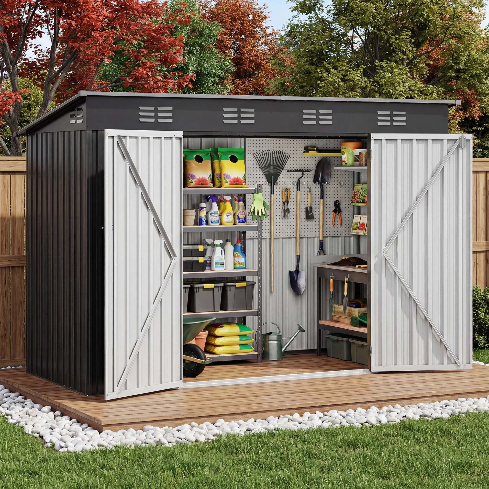 Uforic 9'x4' Metal Garden Storage Shed, Lockable Doors & Sloped Roof, Dark Gray