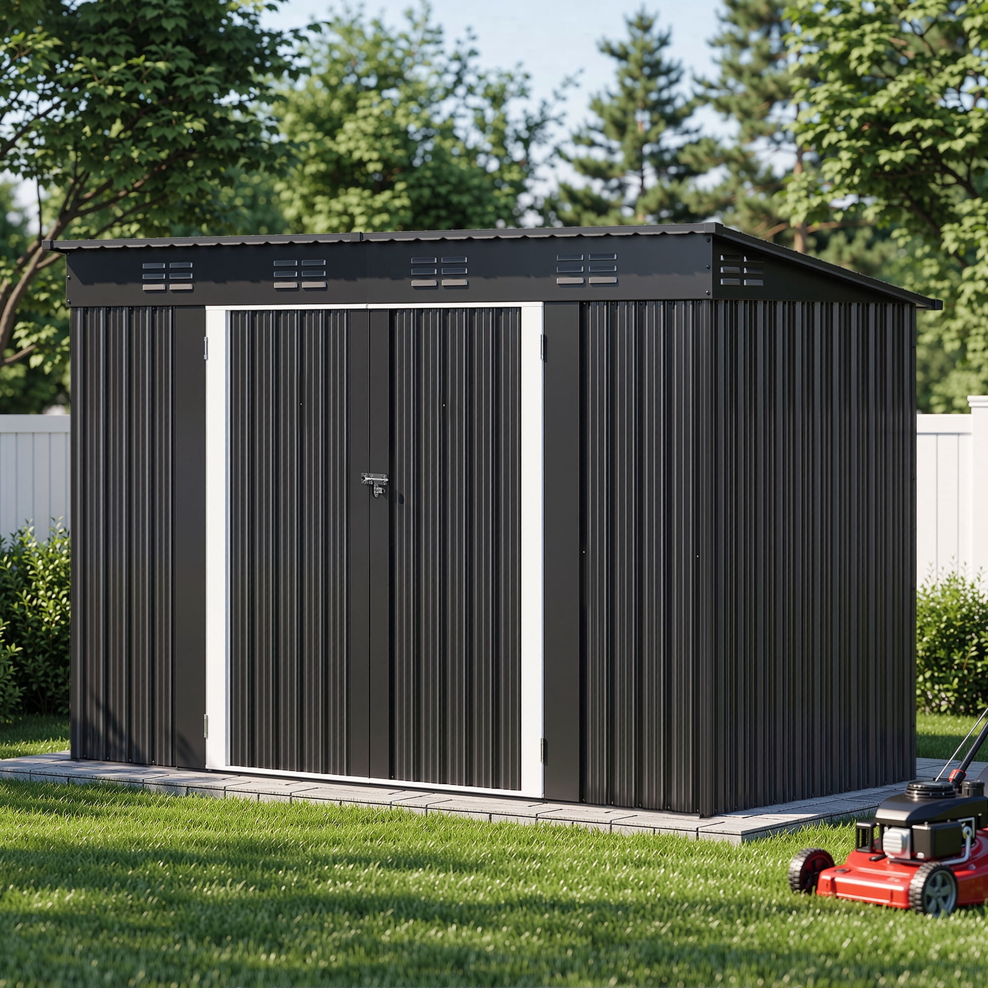 Uforic 9'x4' Steel Outdoor Storage Shed, Lockable Doors, Window & Sloped Roof, Heavy Duty Tool Shed for Garden Backyard Patio, Dark Gray