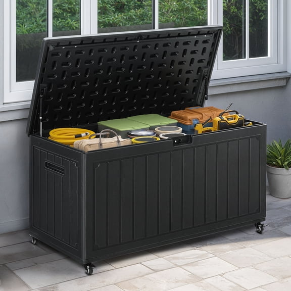Uforic 90 Gallon Double-Wall Deck Box, Lockable Resin Outdoor Storage Box with 6 Wheels, Waterproof Outdoor Container, Black