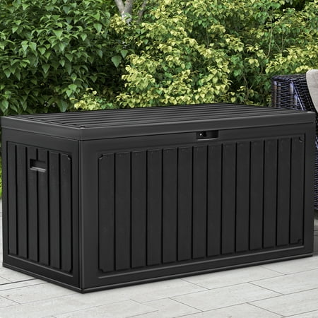 Uforic 90 Gallon Dual-Wall Resin Deck Box -,Waterproof Outdoor Storage Box with Lockable Lid & Side Handles, for Outdoor Patio, Black