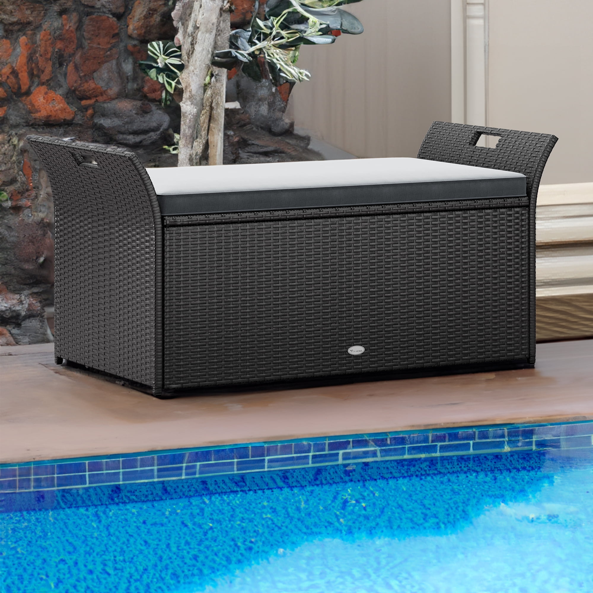 Uforic 90 Gallon Outdoor Wicker Storage Bench w/Cushion, Waterproof PE Rattan Deck Box w/Handles for Patio Furniture, Cushions, Garden Tools,Black&Grey