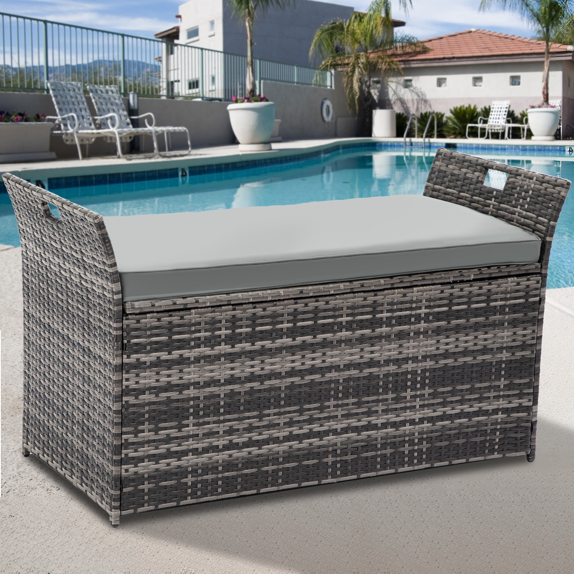 Storage Bench YITAHOME 90 Gallon Outdoor Wicker W/Cushion Outdoor