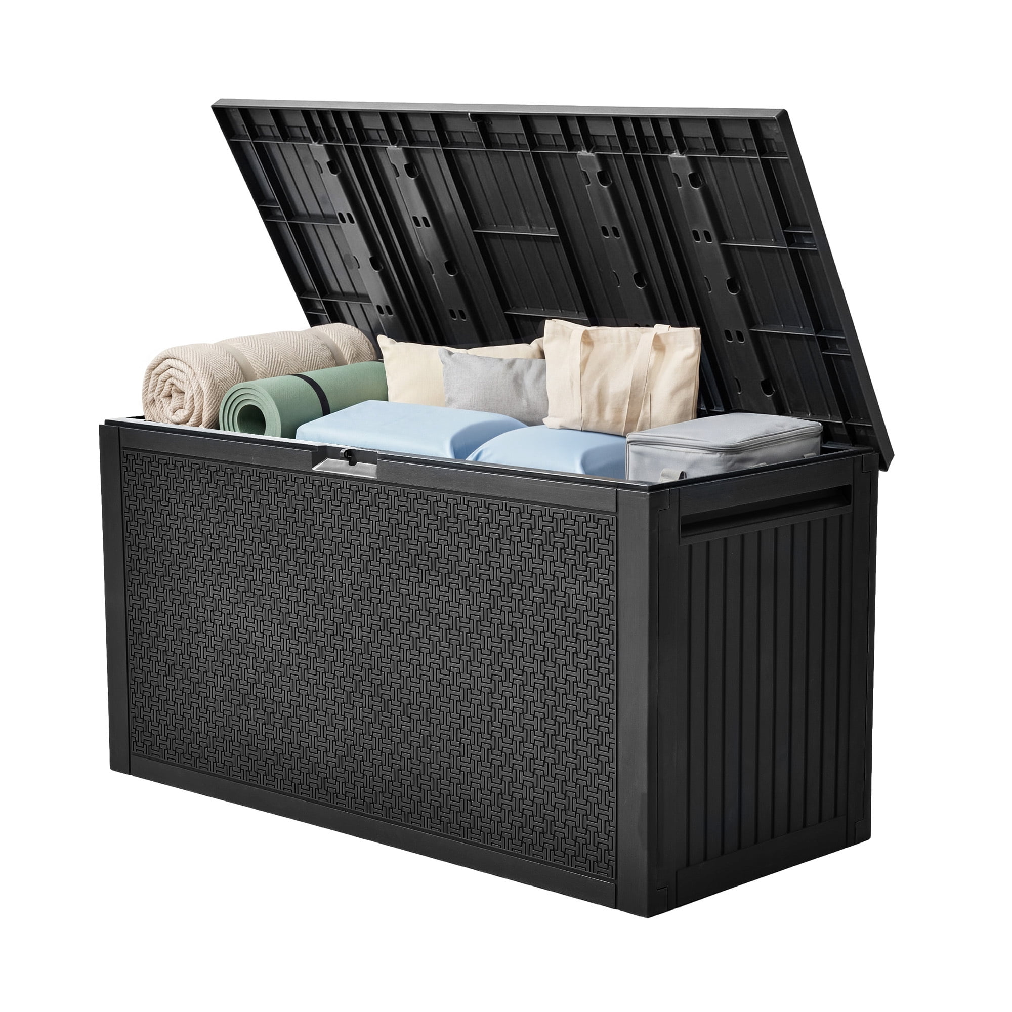 Uforic 90 Gallon Resin Deck Box, Waterproof UV Protected Lockable Outdoor Storage with Handles for Patio Cushions & Garden Tools, Black