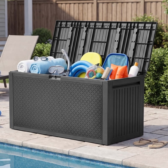 Uforic 90 Gallon Weatherproof Deck Box, UV Resistant Lockable Resin Outdoor Storage Box with Handles, Large Patio Storage Bin for Cushions Garden Tools, Dark Gray