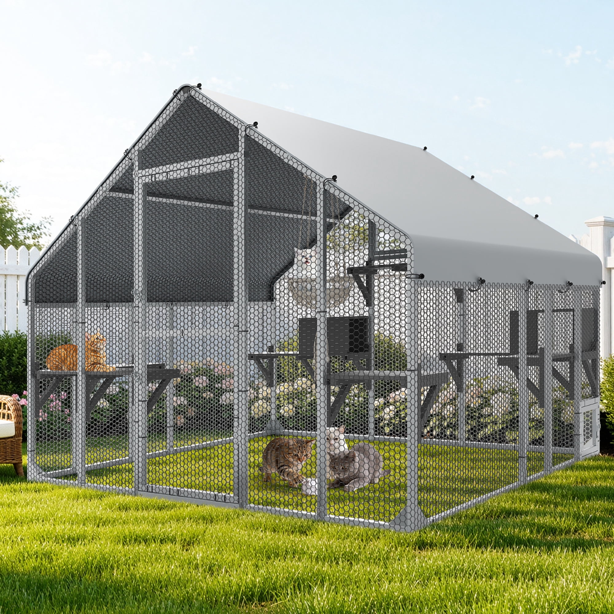 Uforic 94 Inch Outdoor Cat Enclosure, Extra Large Metal Catio for Multiple Cats, Weatherproof Roof Cat Cage with 7 Platforms, 2 Resting Boxes & Cat Hammock Bed, Sliver