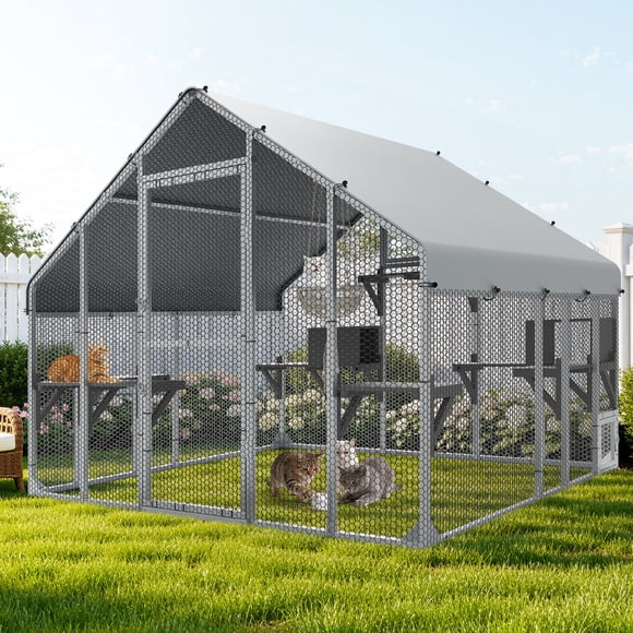 Uforic 94 Inch Outdoor Cat Enclosure, Extra Large Metal Catio for Multiple Cats, Weatherproof Roof Cat Cage with 7 Platforms, 2 Resting Boxes & Cat Hammock Bed, Sliver