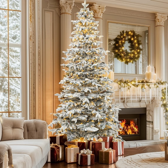 Uforic 9FT Pre-Lit Flocked Artificial Christmas Tree with 80 Pinecones,Pre-Lit Holiday Christmas Pine Tree with 1818 Branch Tips,820 Lights,for Home, Office and Party Decor