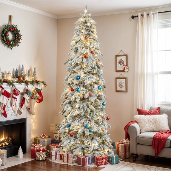 Uforic 9ft Pre-lit Flocked Pencil Spruce Christmas Tree with 1642 Branch Tips & 480 Lights, Remote Control, 11 Light Modes, White Flocked