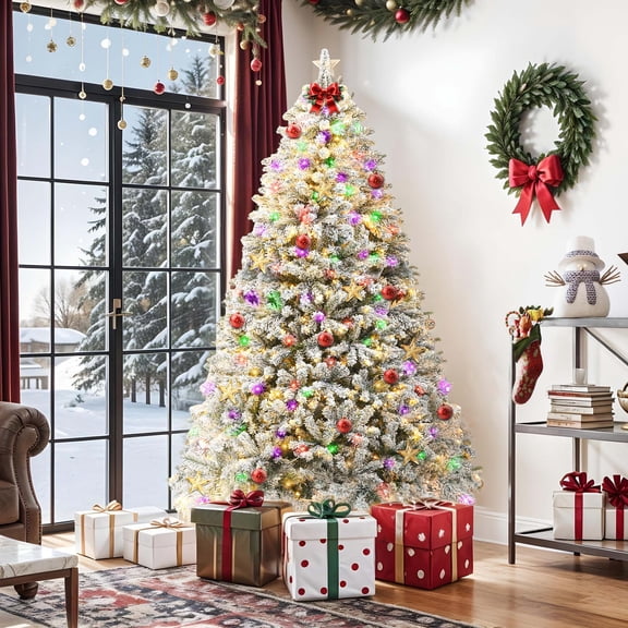 Uforic 9ft Pre-lit Snow Flocked Christmas Tree 2094 Branch Tips & 900 Lights, Christmas Pine Tree with Remote, 11 Light Modes