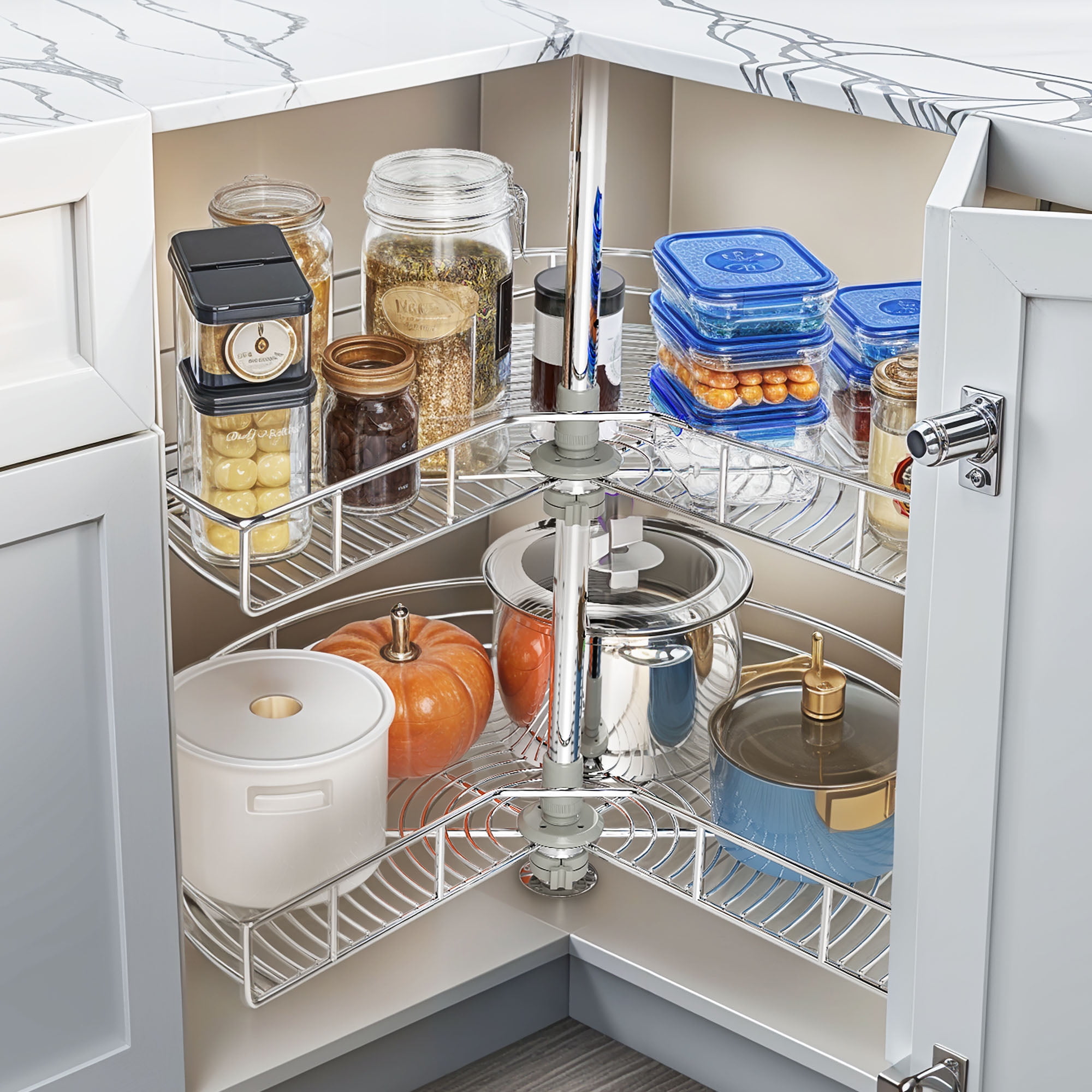 Uforic Adjustable 32" Stainless Steel Lazy Susan Corner Shelf Organizer, Pie-Cut Shape, Rotating Storage for Kitchen, White