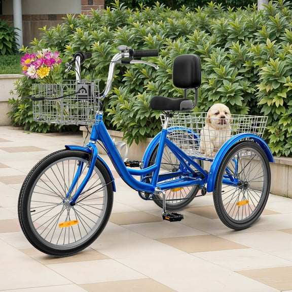 Uforic Adult Tricycle, 24 Inch 7 Speed Three Wheel Bike, Cruiser Trike with Large Seat Backrest for Men Senior Women, Blue