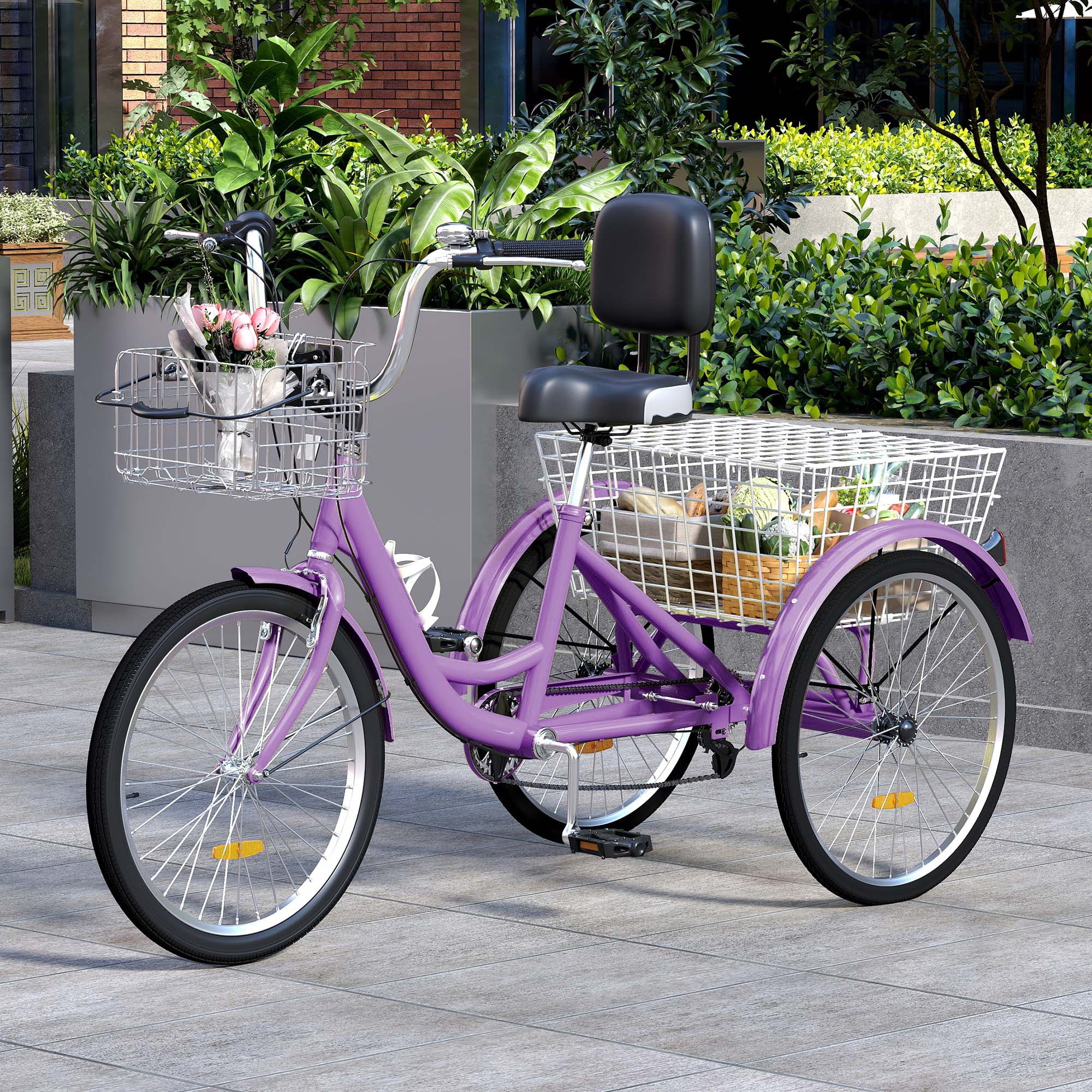 Uforic Adult Tricycle, 24 Inch 7 Speed Three Wheel Bike, Cruiser Trike with Large Seat Backrest for Men Senior Women, Purple