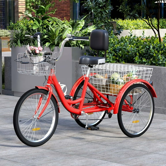 Uforic Adult Tricycle, 26 Inch 7 Speed Three Wheel Bike, Cruiser Trike with Large Seat Backrest for Men Senior Women, Red
