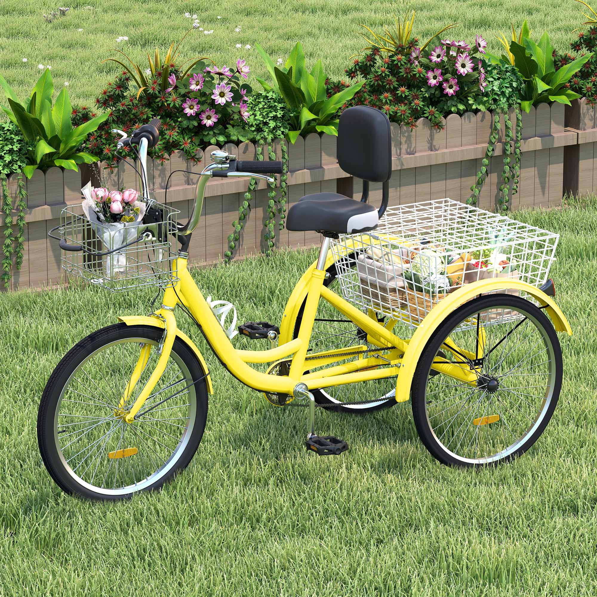 Uforic Adult Tricycle, 26 Inch 7 Speed Three Wheel Bike, Cruiser Trike with Large Seat Backrest for Men Senior Women, Yellow