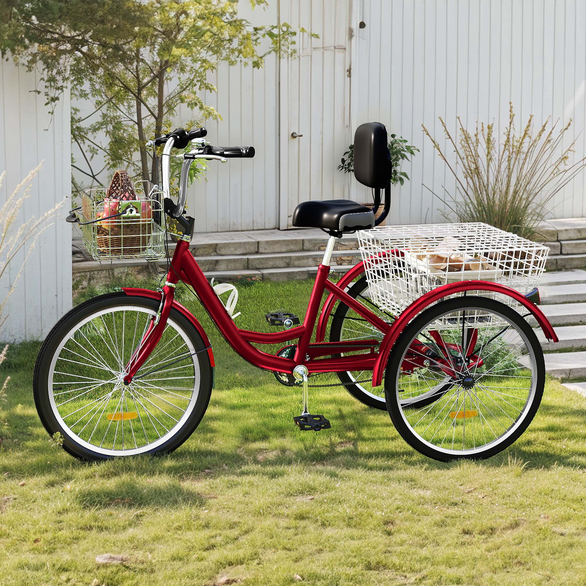 Uforic Adult Tricycle, 26 Inch Single Speed Three Wheel Bike, Cruiser Trike with Large Seat Backrest for Men Senior Women, Red