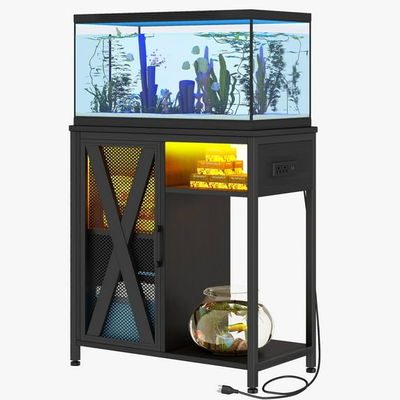 Uforic Aquarium Stand with Power Outlets & LED Light and Cabinet for 20-30 Gallon Fish Tank Stand, Turtle Tank, Reptile Terrarium - Black
