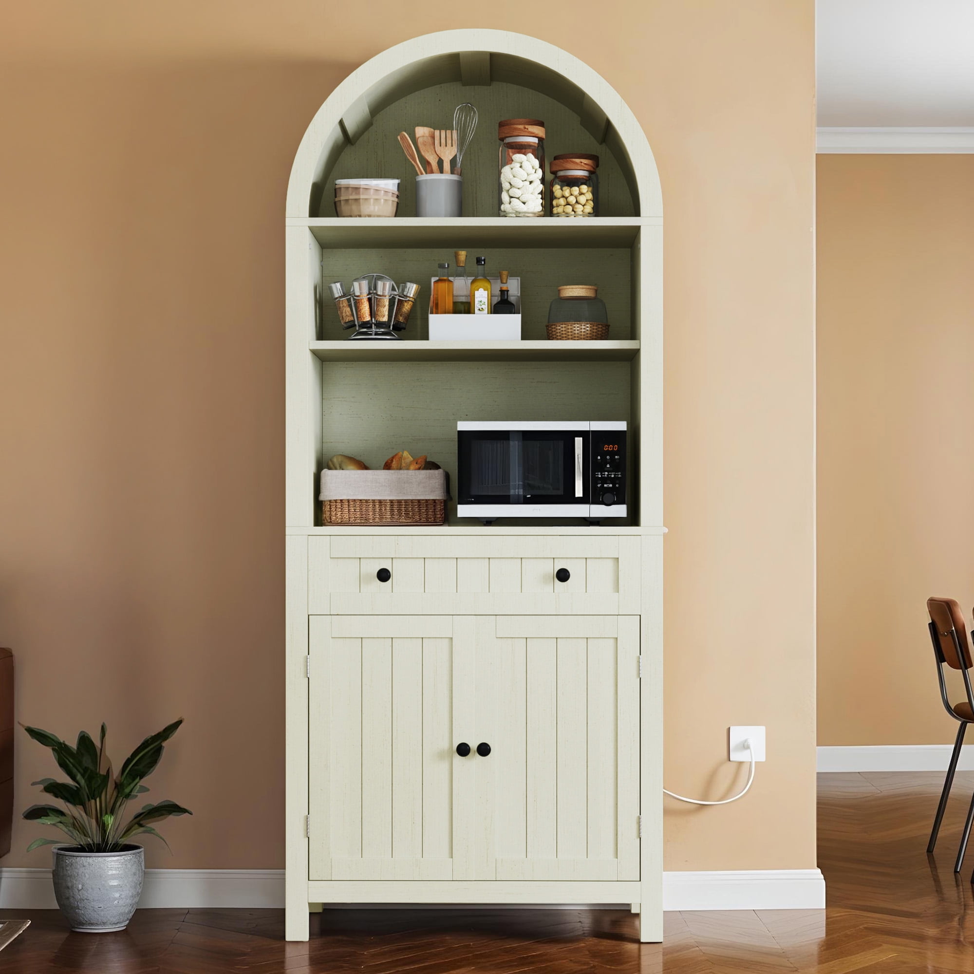Uforic Arched Kitchen Pantry Cabinet, 73" Tall Farmhouse Wood Pantry Shelves with Charging Station, White