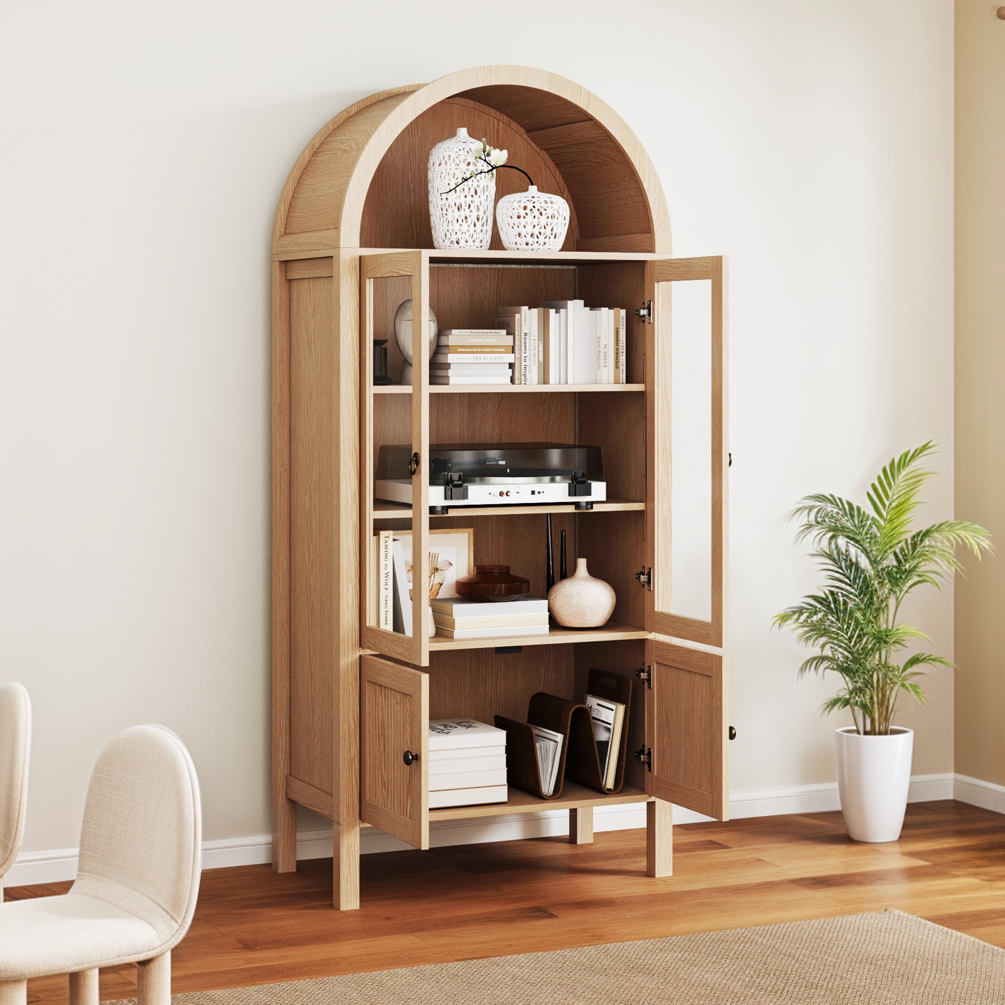 Uforic Arched Kitchen Pantry Cabinet with Glass Doors, Display Storage Cabinet with LED Lights, Natural
