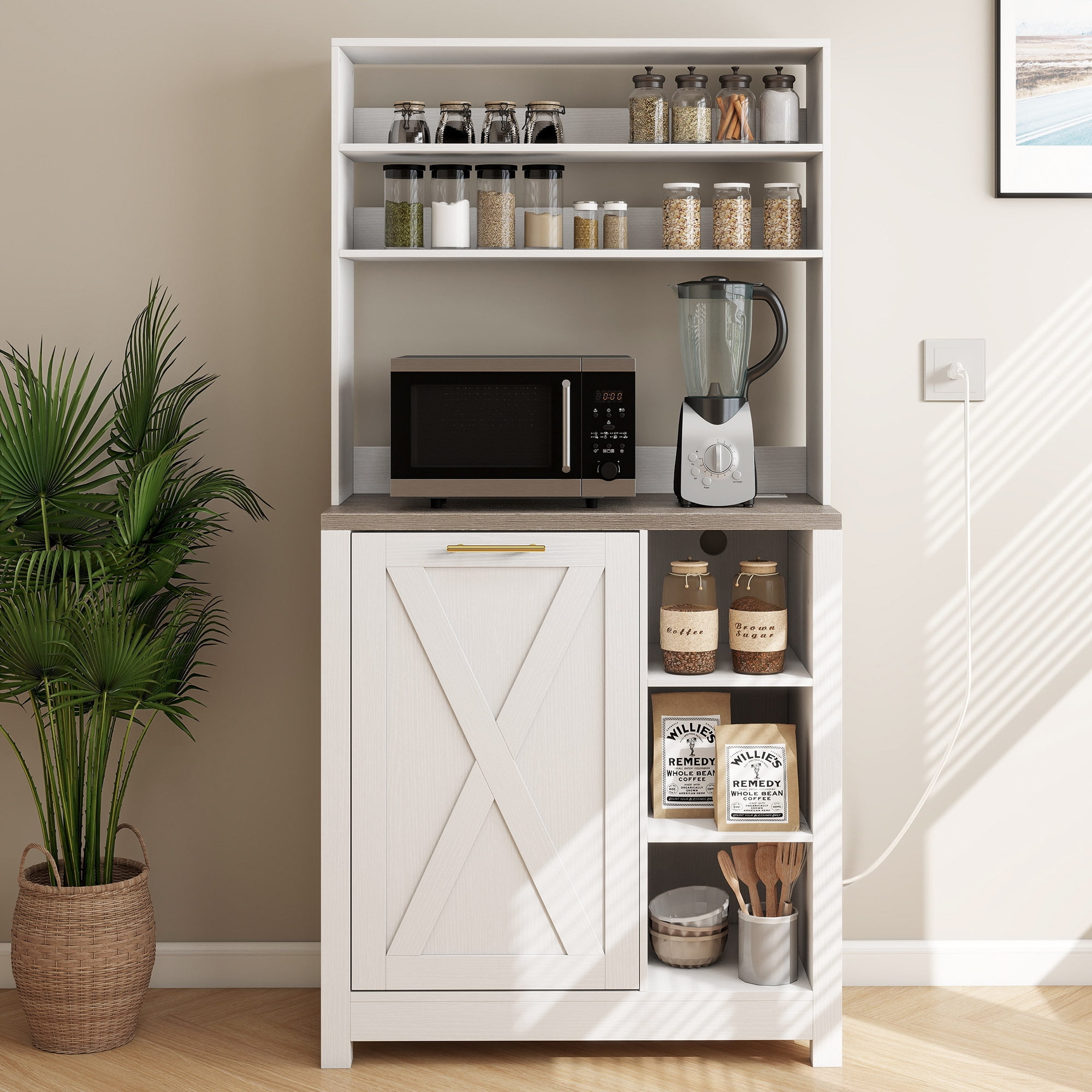 Uforic Bakers Rack with Shelves & Power Outlets, 6-Tier Microwave Stand with Trash Bin Cabinet, White