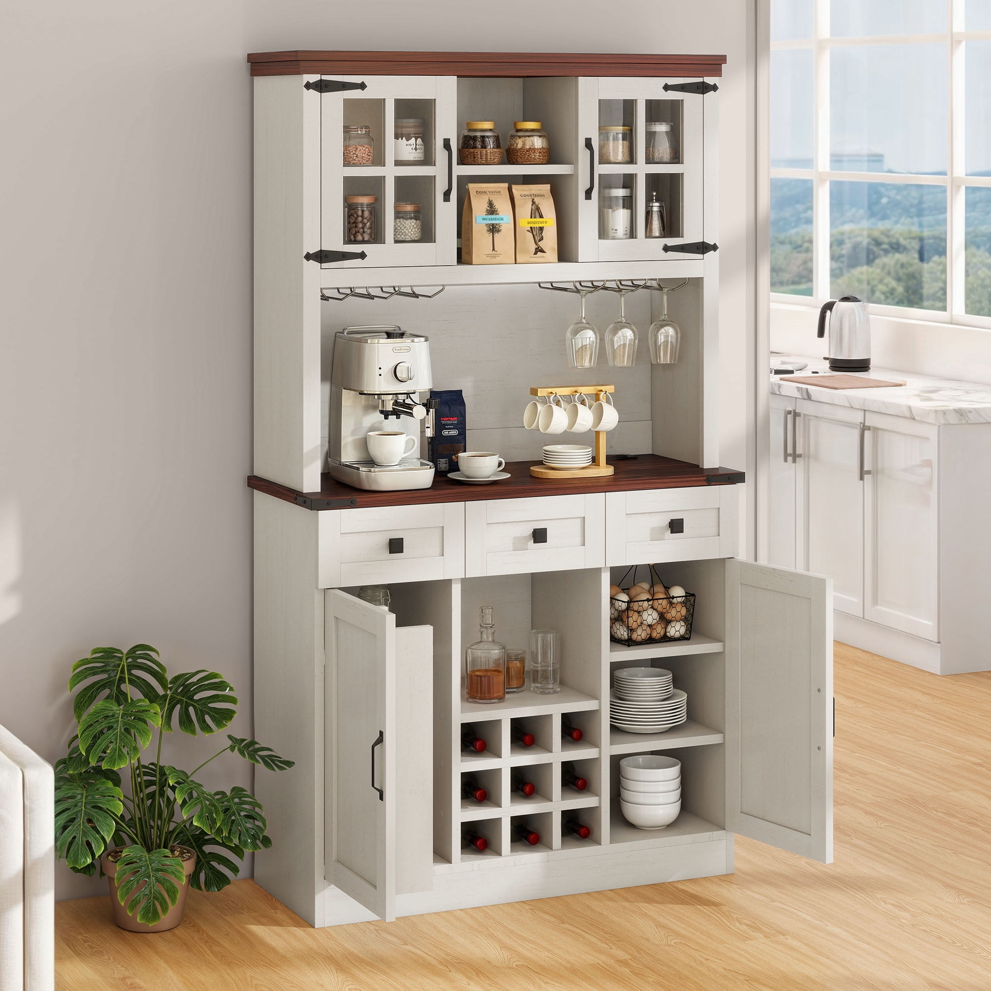 Uforic Bar Cabinet with Wine Rack & LED Lights, Wine Buffet Cabinet with Drawers & Power Outlets, White