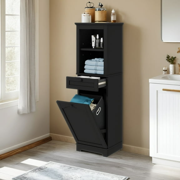 Uforic Bathroom Storage Cabinet with Drawer, Laundry Hamper Cabinet with Basket, Black