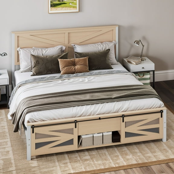 Uforic Bed End Barn Door King Size Bed Frame with Headboar Storage, Steel Mesh Door & Sturdy Construction, Oak
