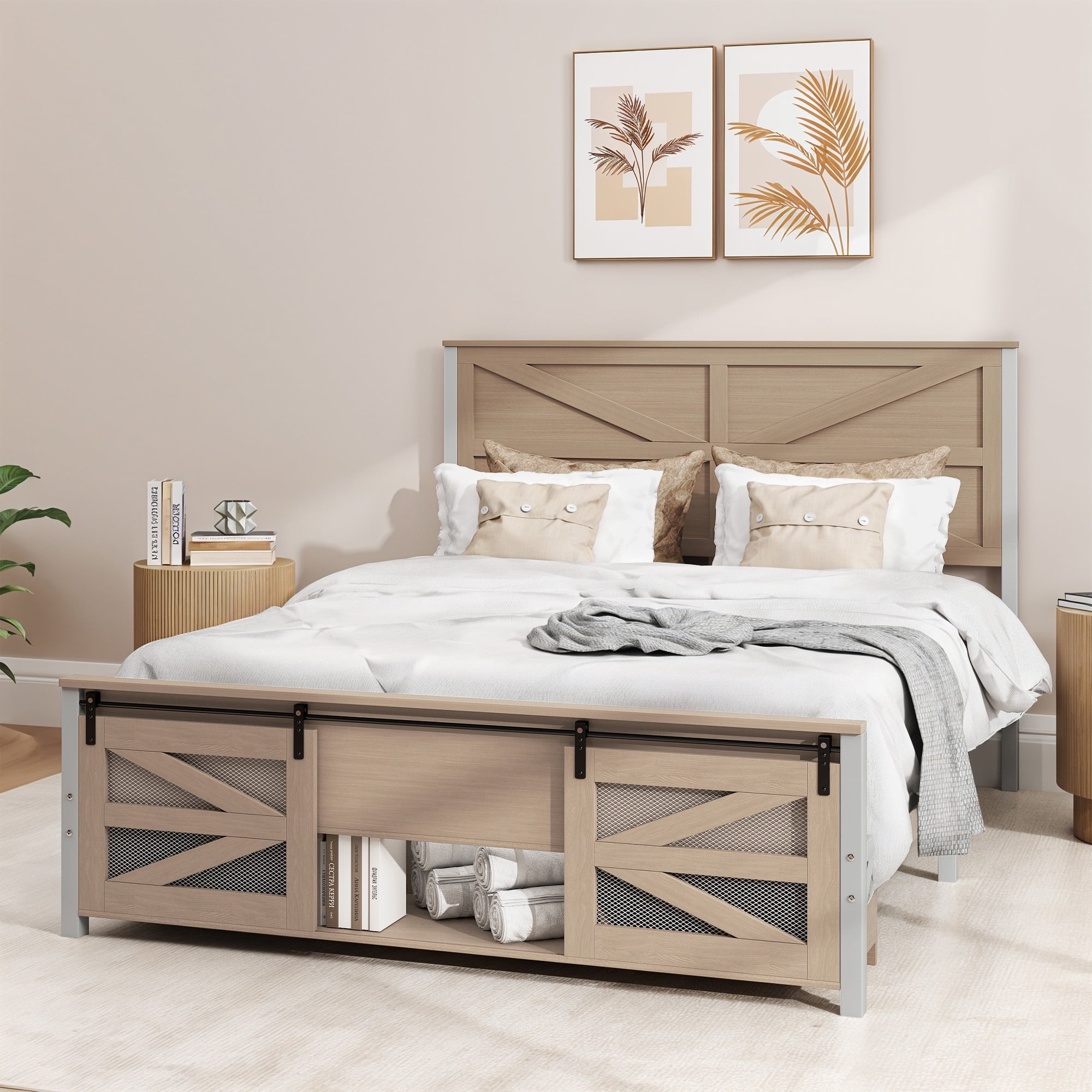 Uforic Bed End Barn Door Queen Size Bed Frame with Headboar Storage, Steel Mesh Door & Sturdy Construction, Oak