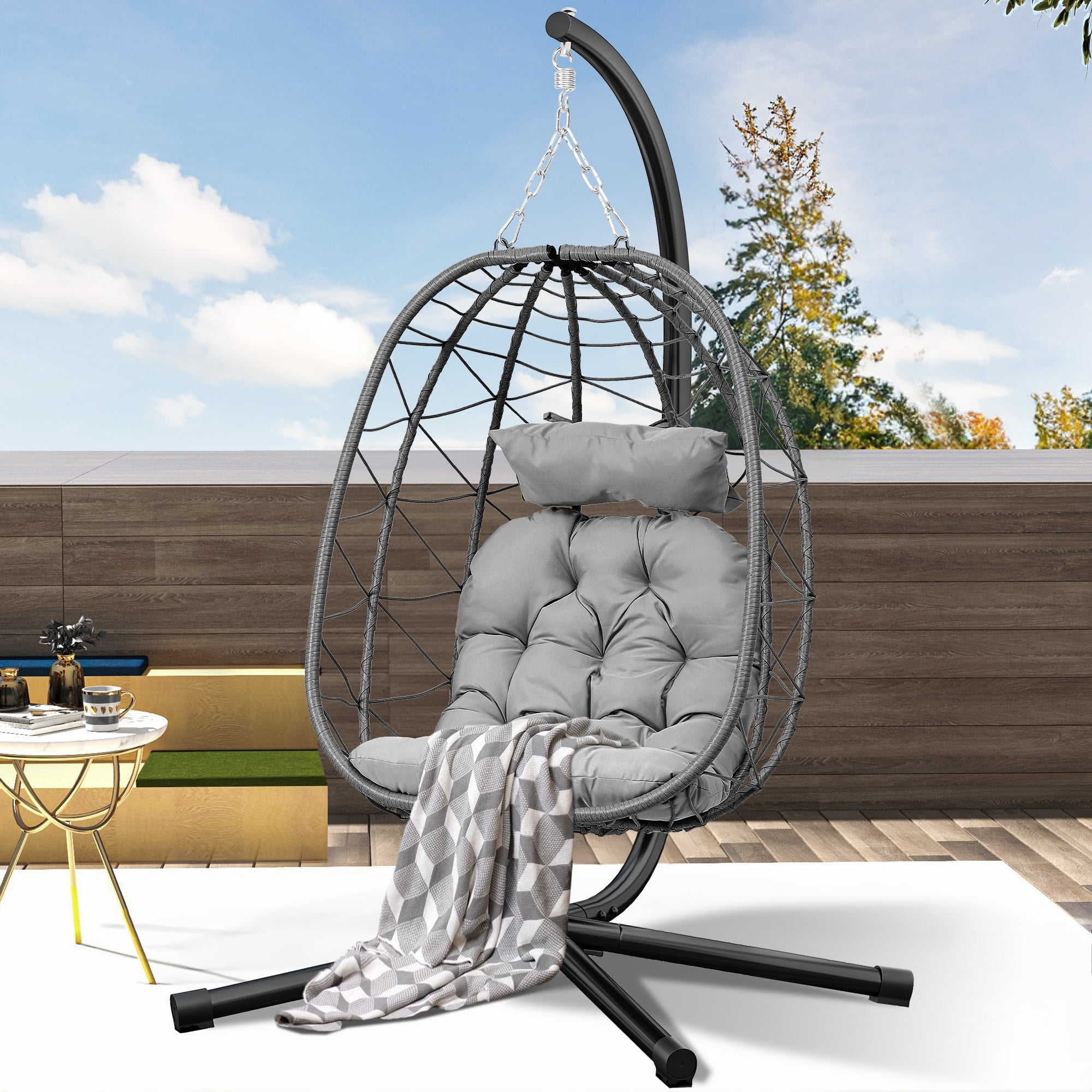 Uforic Wicker Egg Swing Chair with Stand & Cushion, 330lbs Capacity, Dark Gray