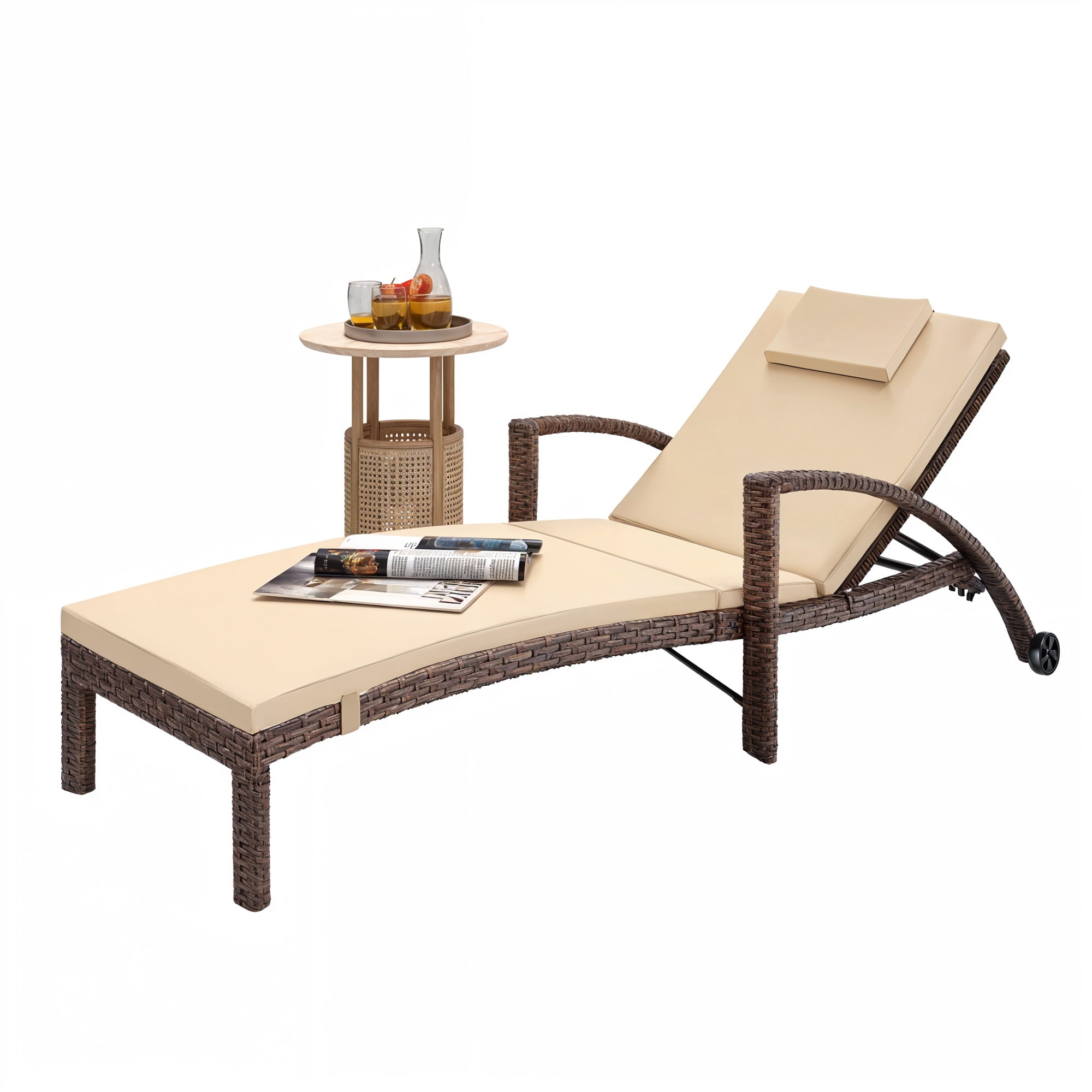 Uforic Beige Adjustable Outdoor Lounge Chair, Wicker Patio Recliner with Adjustable Angles, Side Flip Table and Thick Soft Cushion, Perfect for Deck, Backyard, Poolside and Outdoor Relaxation