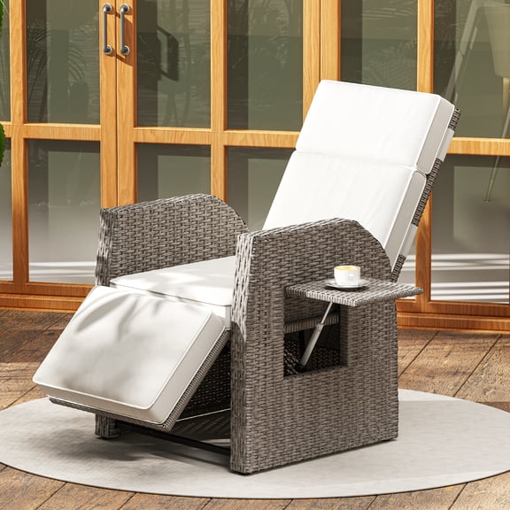 Uforic Beige Adjustable Outdoor Lounge Chair, Wicker Patio Recliner with Customizable Angle, Flip Table, and Thick Cushions for Deck, Backyard, Poolside Relaxation