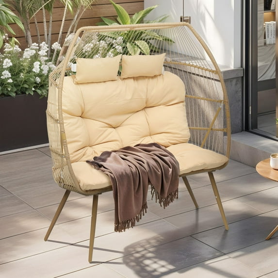 Uforic Beige Dual Egg Seat with Base, 2-Person Wicker Egg Chair for Indoor/Outdoor Patio Use with Cushions, Supports up to 510lbs, Perfect for Patio, Bedroom, Garden, and Balcony