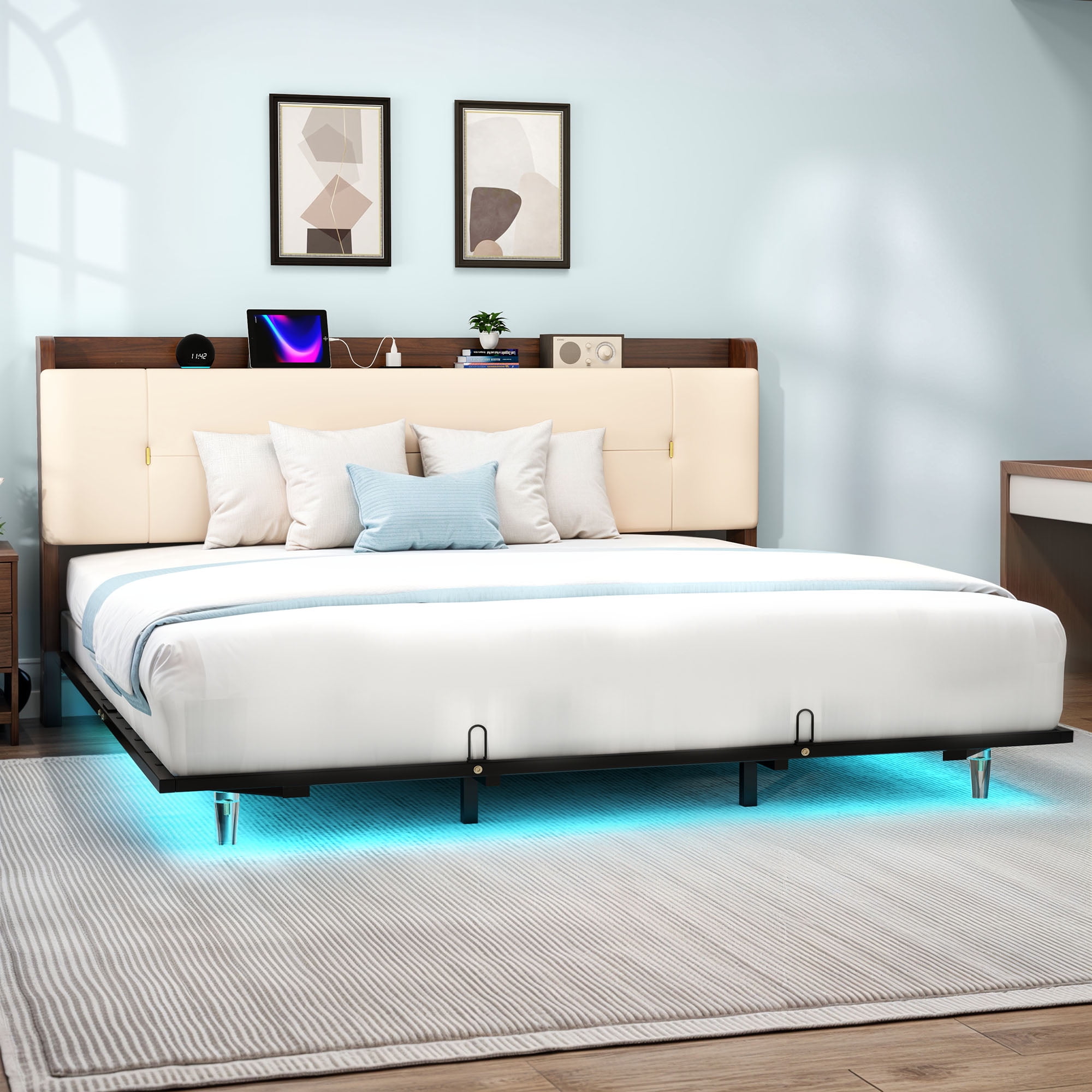 Uforic Beige Faux Leather King Bed Frame with LED Lights & Charhing Ports, Storage